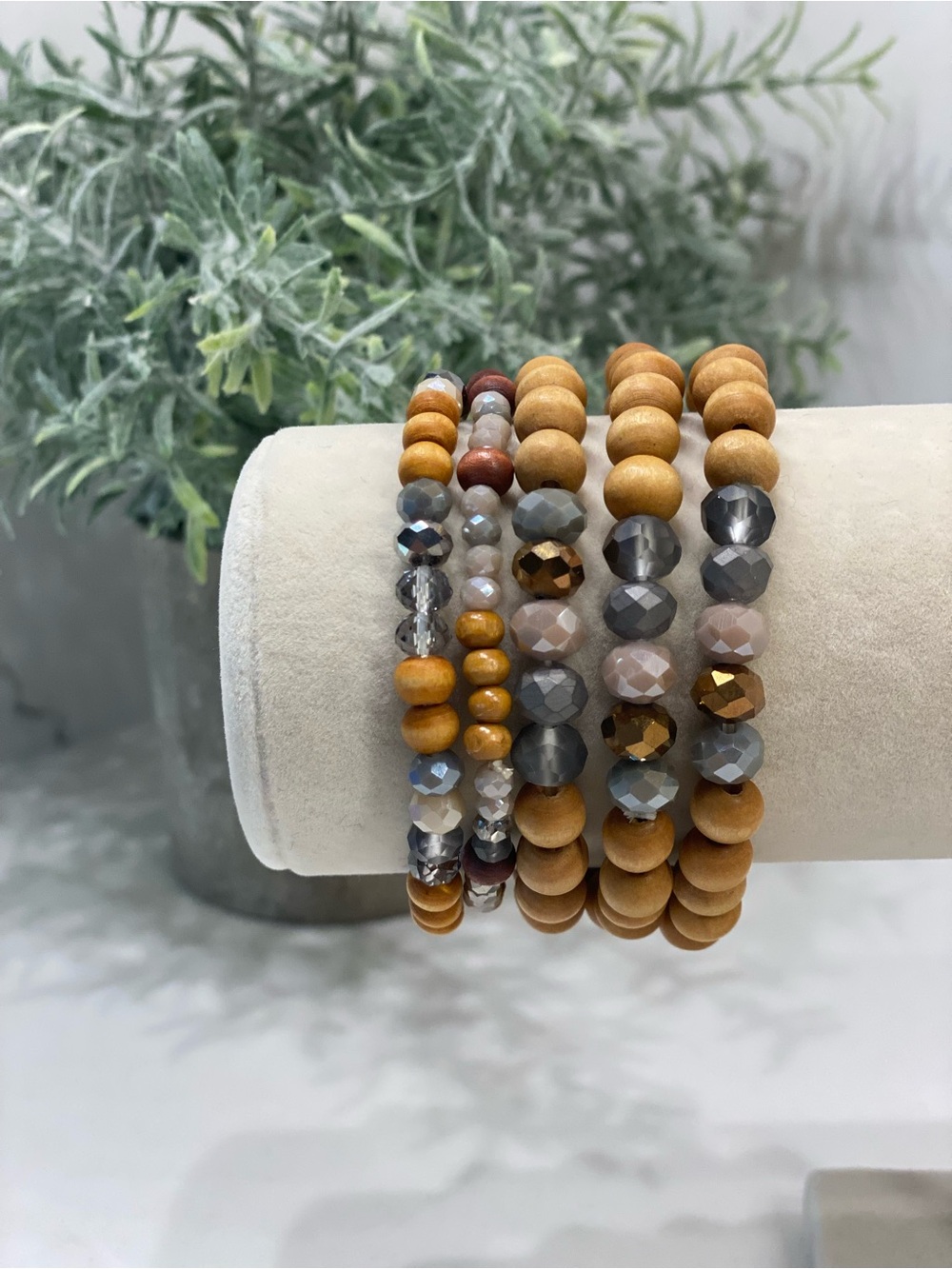 Stackable Women's Beaded Bracelet Set - Honey Wood and Metallic Gray